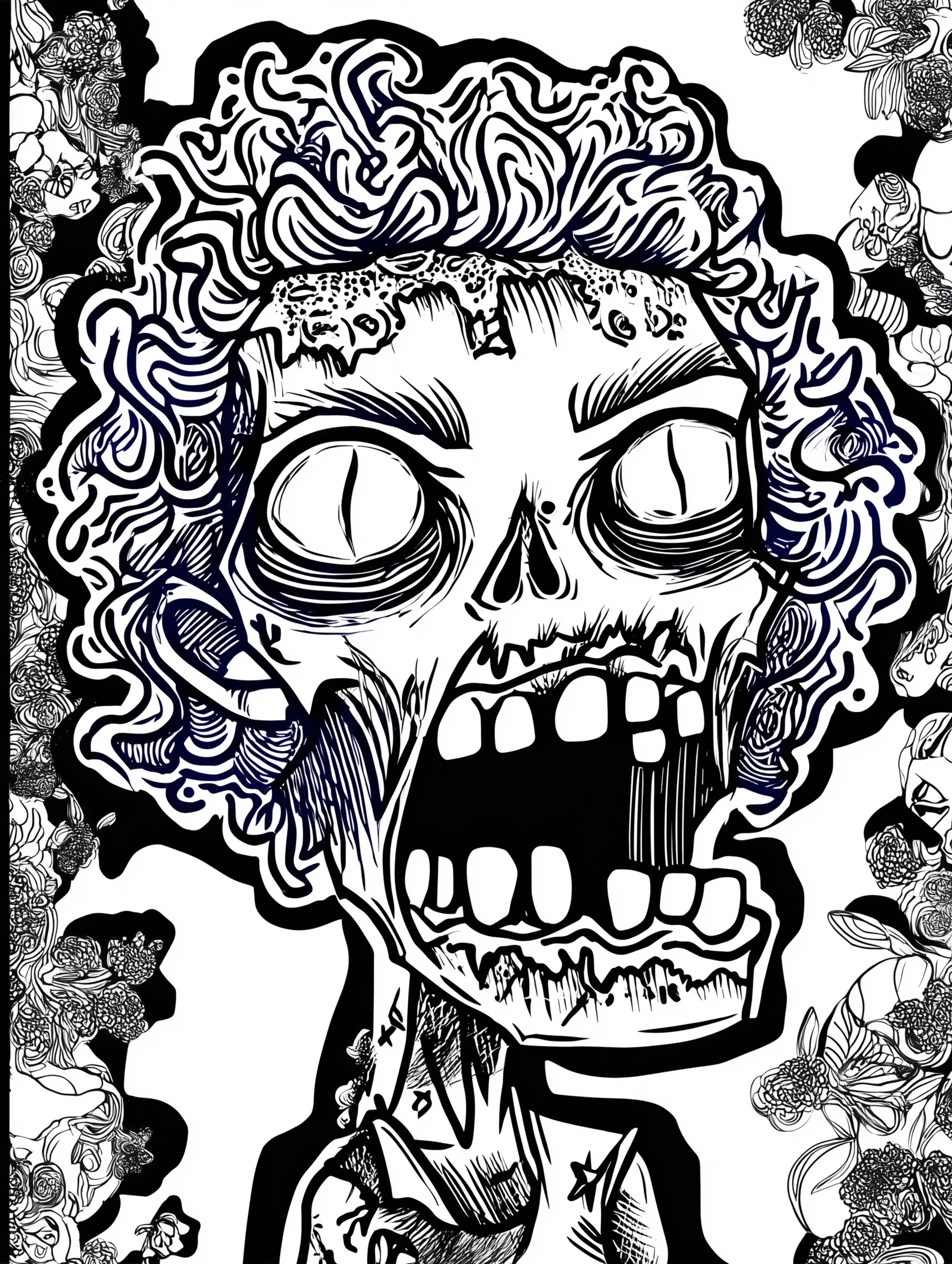 Free printable zombie coloring page for adults featuring a grandma zombie